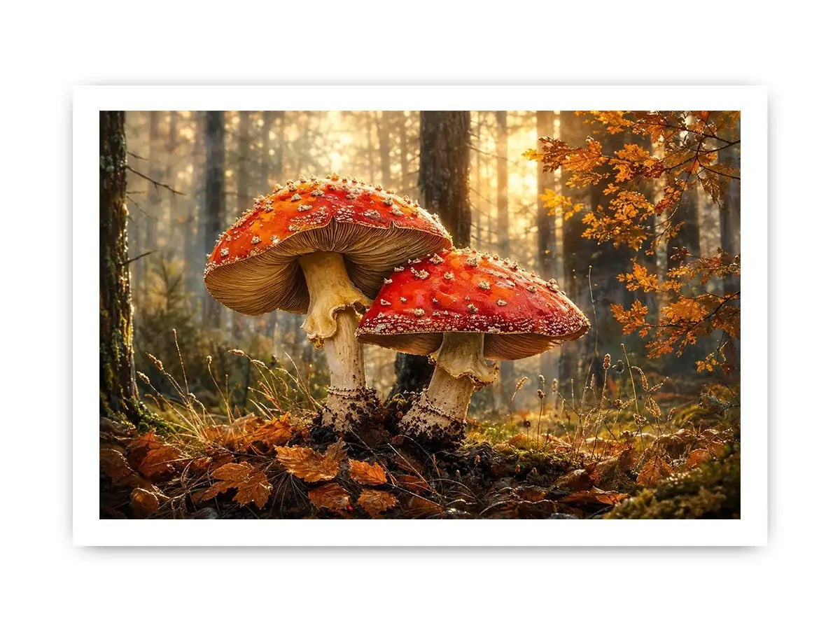 Luxury autumn mushroom forest canvas art for modern living room decor.