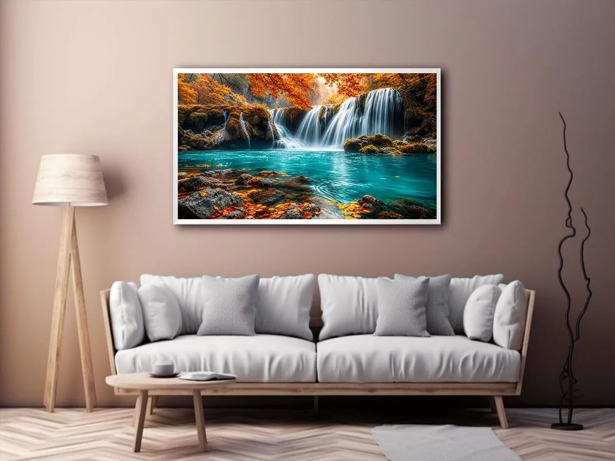 Luxury turquoise waterfall canvas art for modern living room decor.