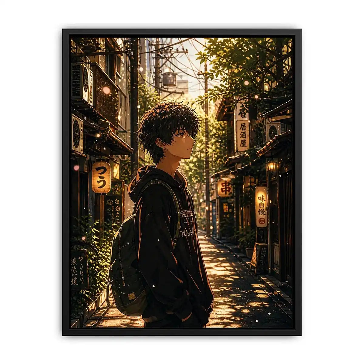 Anime boy standing in a quiet street with soft sunlight and falling petals in a dreamy urban setting
