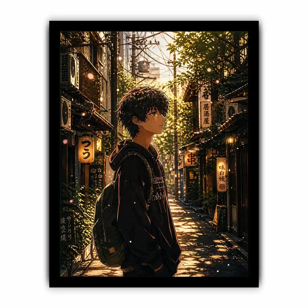 Anime boy standing in a quiet street with soft sunlight and falling petals in a dreamy urban setting