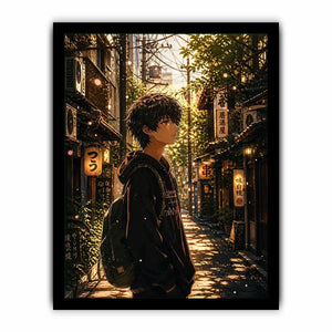 Anime boy standing in a quiet street with soft sunlight and falling petals in a dreamy urban setting