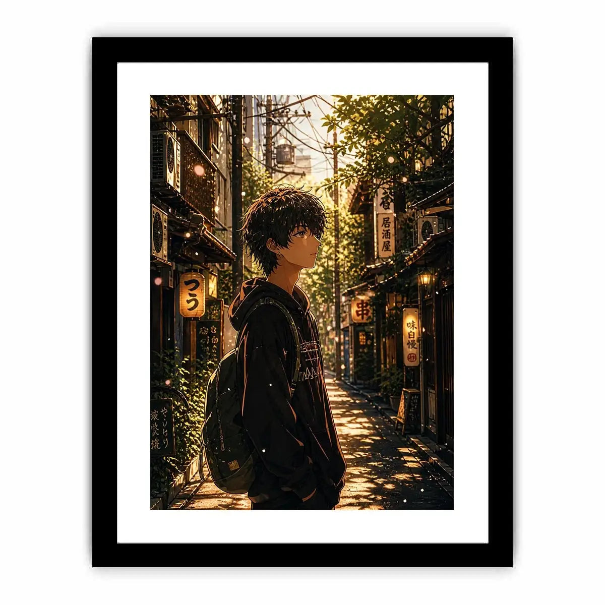 Anime boy standing in a quiet street with soft sunlight and falling petals in a dreamy urban setting