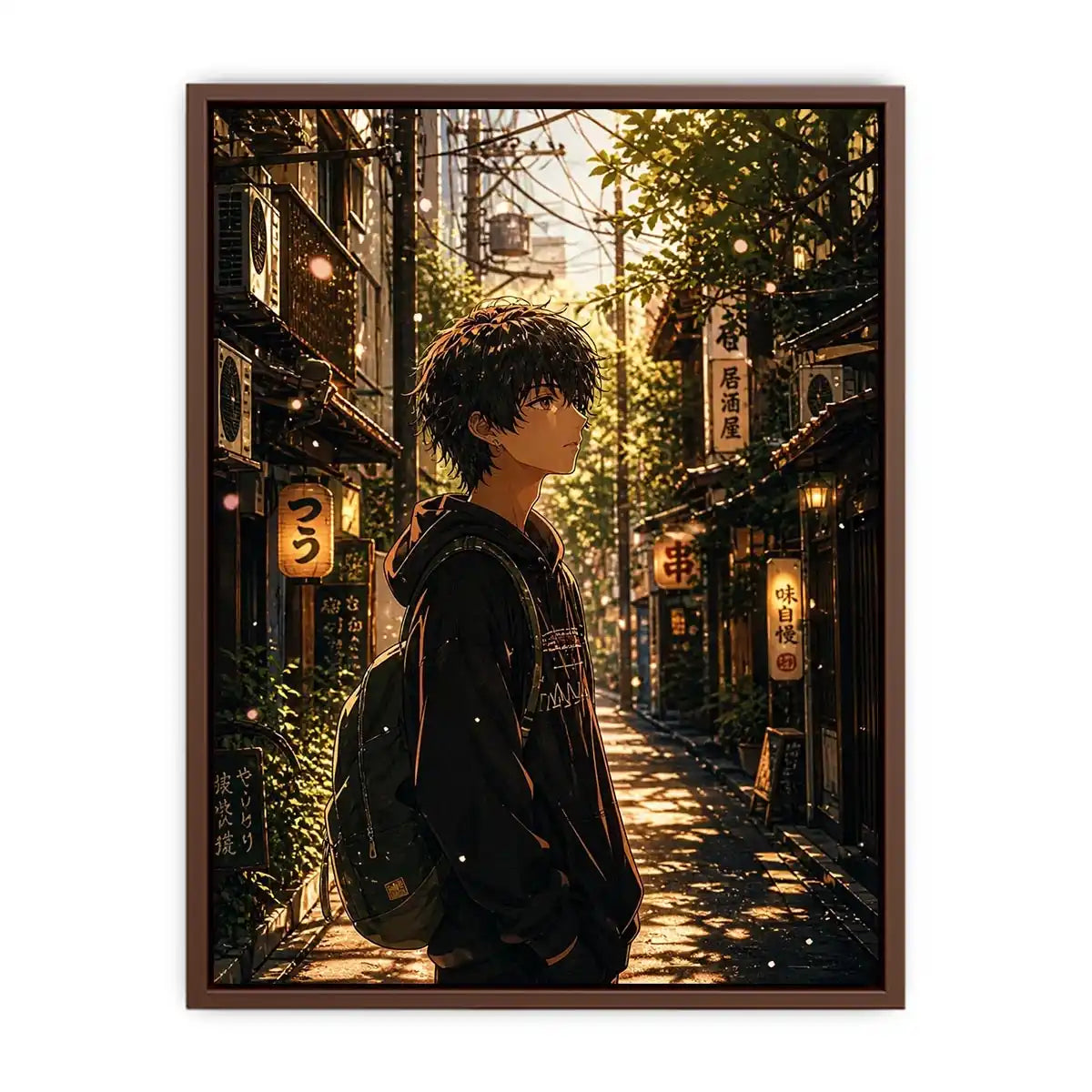 Anime boy standing in a quiet street with soft sunlight and falling petals in a dreamy urban setting