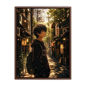 Anime boy standing in a quiet street with soft sunlight and falling petals in a dreamy urban setting