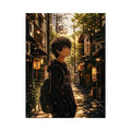 Anime boy standing in a quiet street with soft sunlight and falling petals in a dreamy urban setting