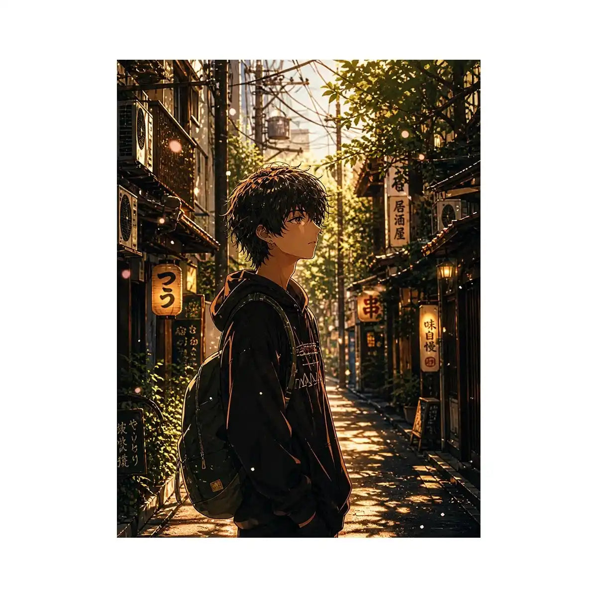 Anime boy standing in a quiet street with soft sunlight and falling petals in a dreamy urban setting