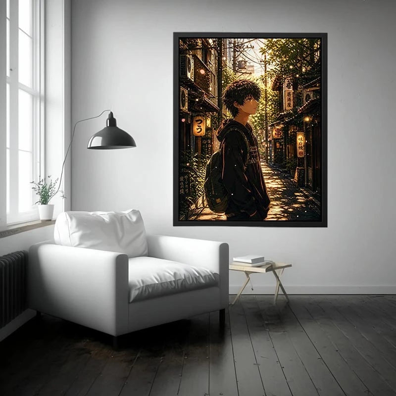 Anime boy standing in a quiet street with soft sunlight and falling petals in a dreamy urban setting