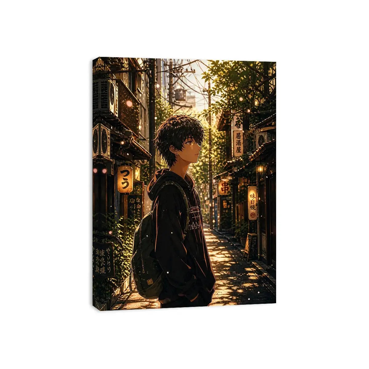 Anime boy standing in a quiet street with soft sunlight and falling petals in a dreamy urban setting