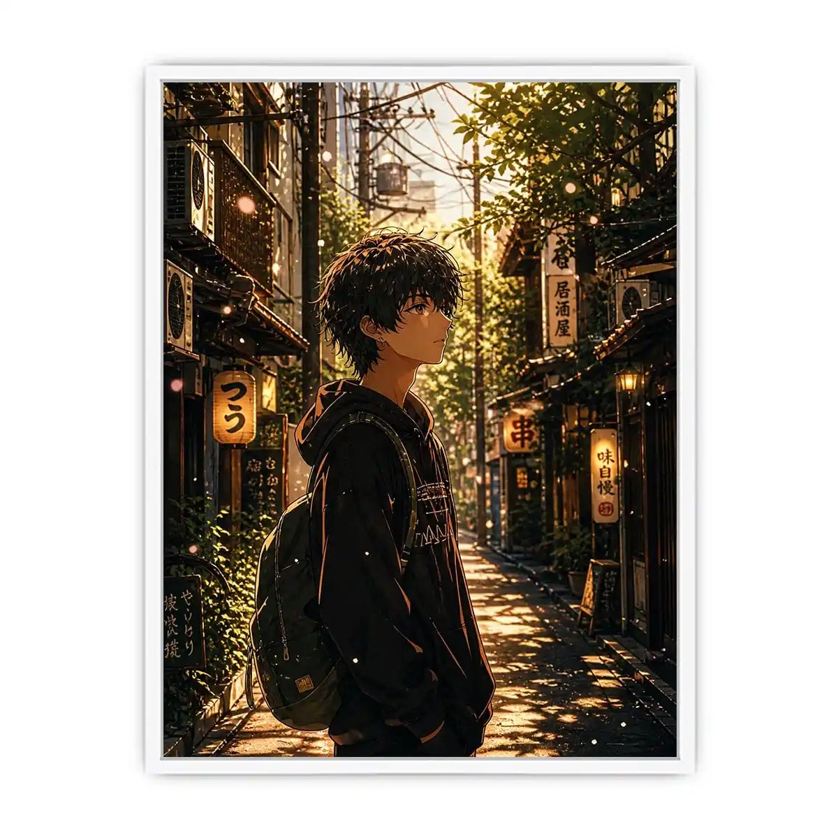 Anime boy standing in a quiet street with soft sunlight and falling petals in a dreamy urban setting