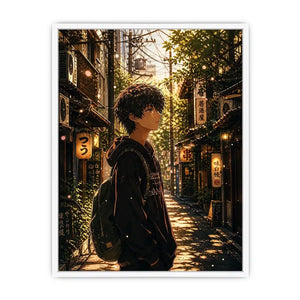 Anime boy standing in a quiet street with soft sunlight and falling petals in a dreamy urban setting