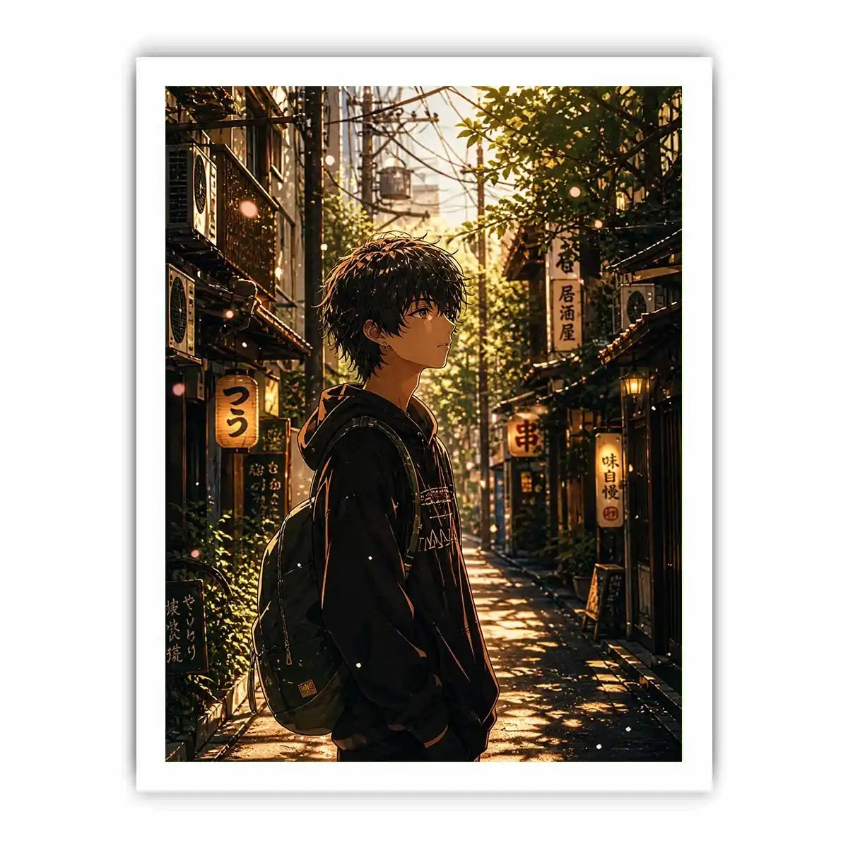 Anime boy standing in a quiet street with soft sunlight and falling petals in a dreamy urban setting
