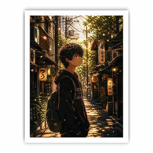 Anime boy standing in a quiet street with soft sunlight and falling petals in a dreamy urban setting