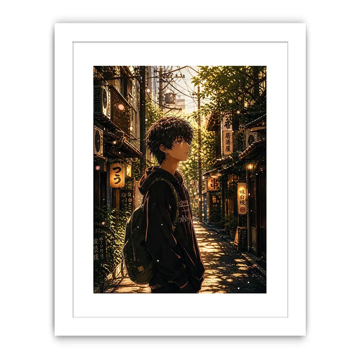 Anime boy standing in a quiet street with soft sunlight and falling petals in a dreamy urban setting