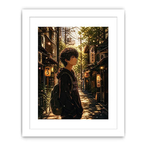 Anime boy standing in a quiet street with soft sunlight and falling petals in a dreamy urban setting