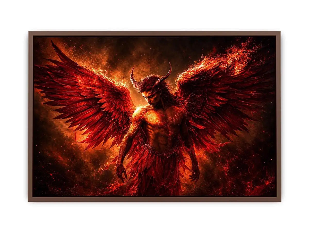 Dark fantasy angel wall art with crimson wings for dramatic modern living room decor.