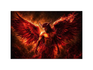 Dark fantasy angel wall art with crimson wings for dramatic modern living room decor.