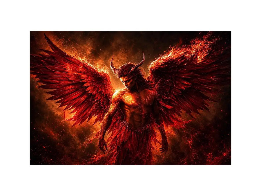 Dark fantasy angel wall art with crimson wings for dramatic modern living room decor.