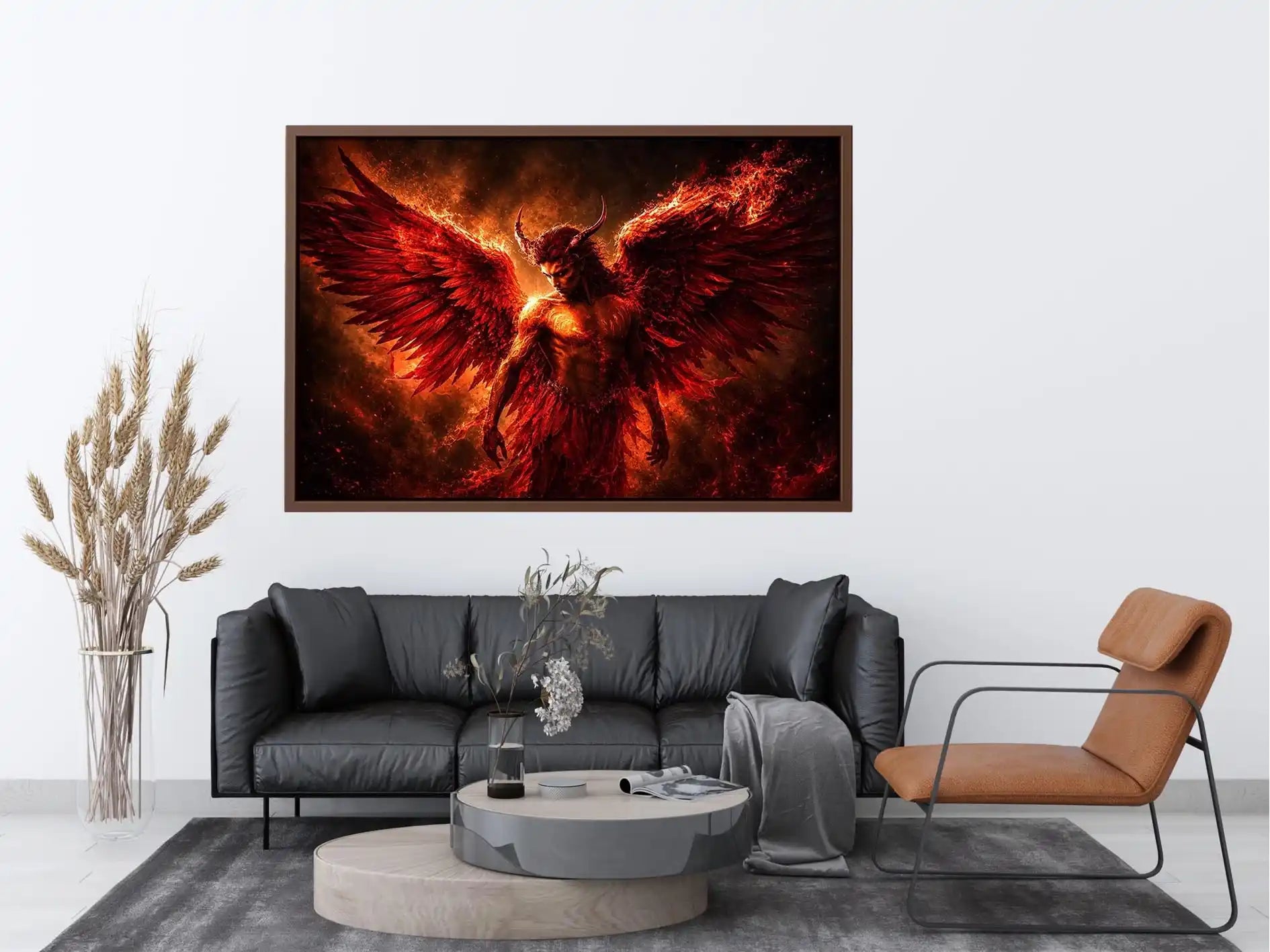 Dark fantasy angel wall art with crimson wings for dramatic modern living room decor.