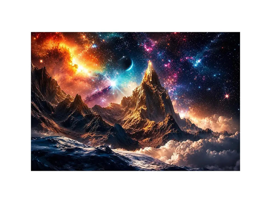 Cosmic mountain wall art with glowing galaxy sky for modern living room and luxury office decor.