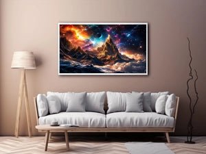 Cosmic mountain wall art with glowing galaxy sky for modern living room and luxury office decor.