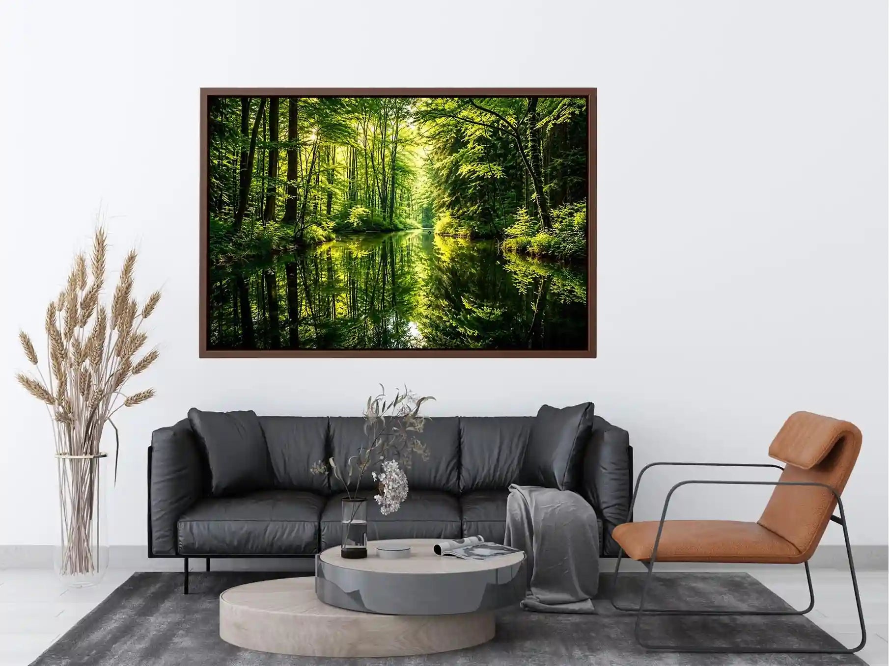 Peaceful forest lake wall art with lush green reflections for calming modern living room decor.