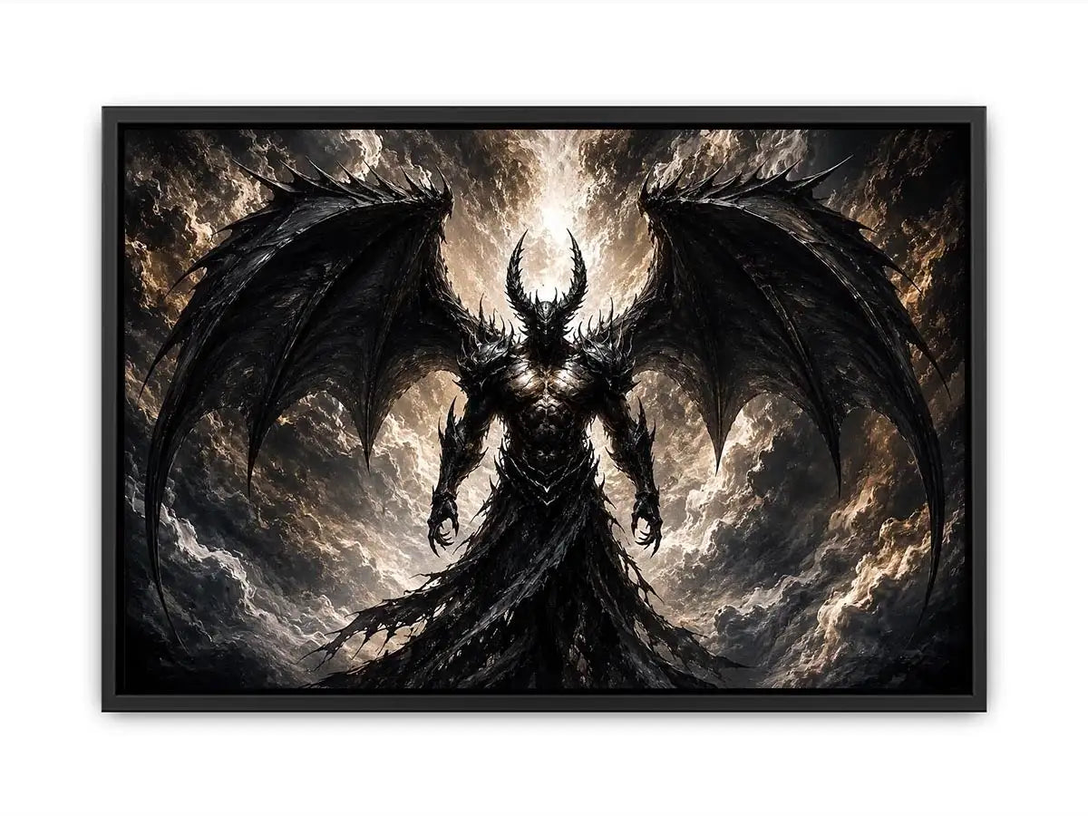 Dark fantasy winged figure wall art with abstract black textures for dramatic modern interiors.