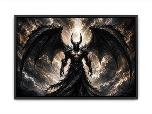 Dark fantasy winged figure wall art with abstract black textures for dramatic modern interiors.