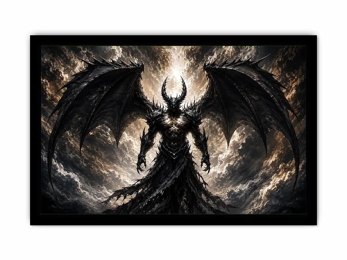 Dark fantasy winged figure wall art with abstract black textures for dramatic modern interiors.