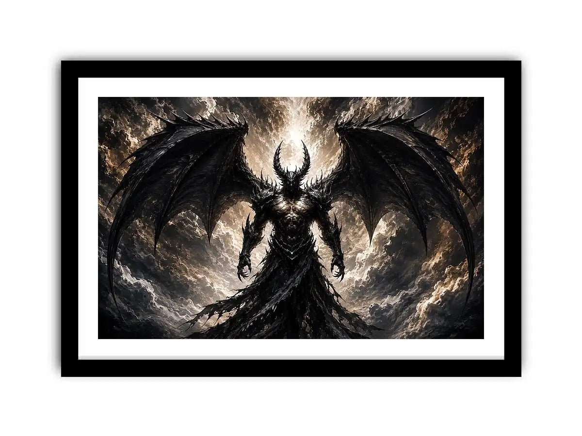 Dark fantasy winged figure wall art with abstract black textures for dramatic modern interiors.