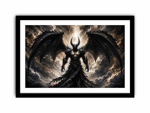 Dark fantasy winged figure wall art with abstract black textures for dramatic modern interiors.