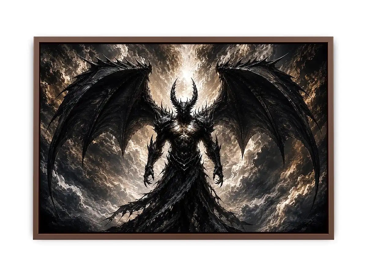 Dark fantasy winged figure wall art with abstract black textures for dramatic modern interiors.