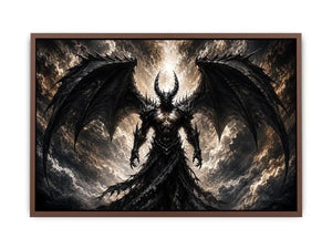 Dark fantasy winged figure wall art with abstract black textures for dramatic modern interiors.