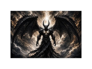 Dark fantasy winged figure wall art with abstract black textures for dramatic modern interiors.