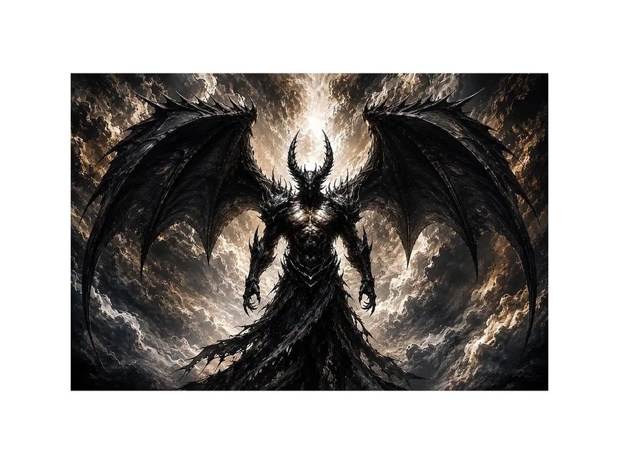 Dark fantasy winged figure wall art with abstract black textures for dramatic modern interiors.