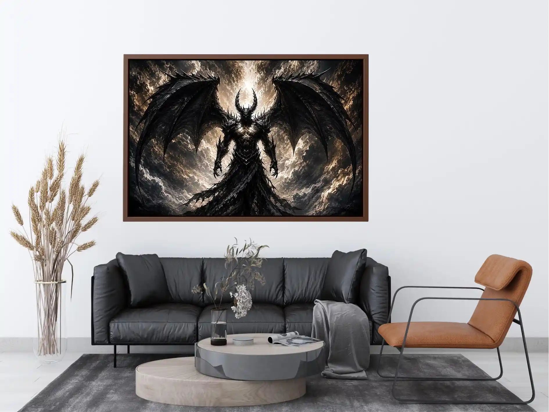 Dark fantasy winged figure wall art with abstract black textures for dramatic modern interiors.