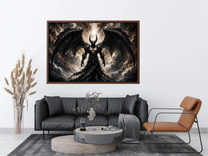 Dark fantasy winged figure wall art with abstract black textures for dramatic modern interiors.