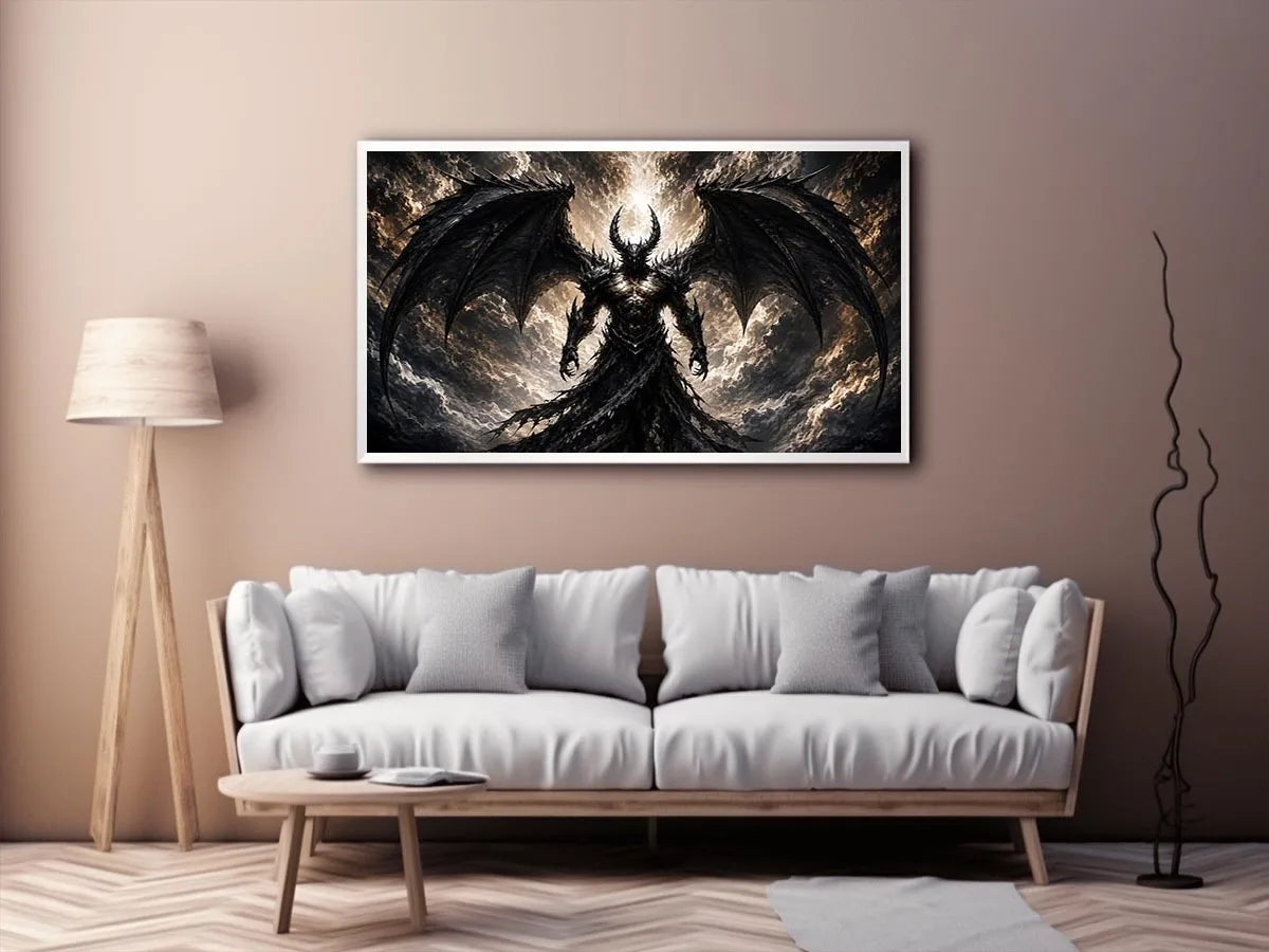 Dark fantasy winged figure wall art with abstract black textures for dramatic modern interiors.