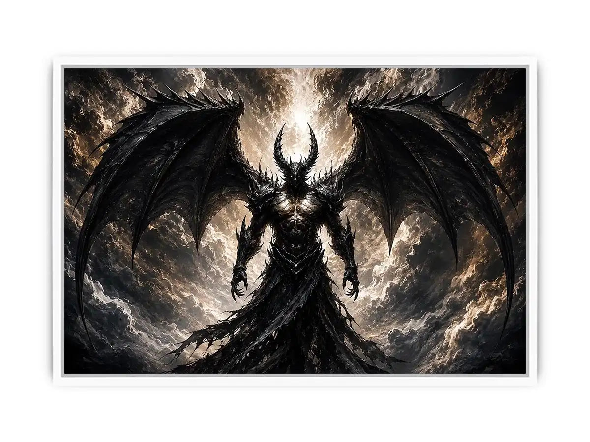 Dark fantasy winged figure wall art with abstract black textures for dramatic modern interiors.