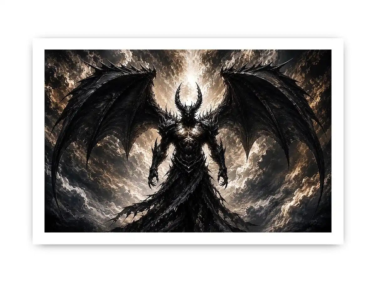 Dark fantasy winged figure wall art with abstract black textures for dramatic modern interiors.