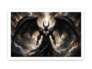 Dark fantasy winged figure wall art with abstract black textures for dramatic modern interiors.