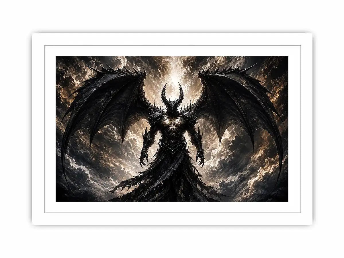 Dark fantasy winged figure wall art with abstract black textures for dramatic modern interiors.