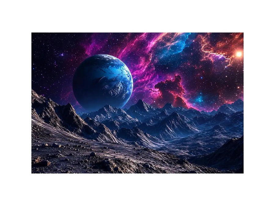 Cosmic planet wall art with vibrant nebula sky for modern living room and gaming room decor.