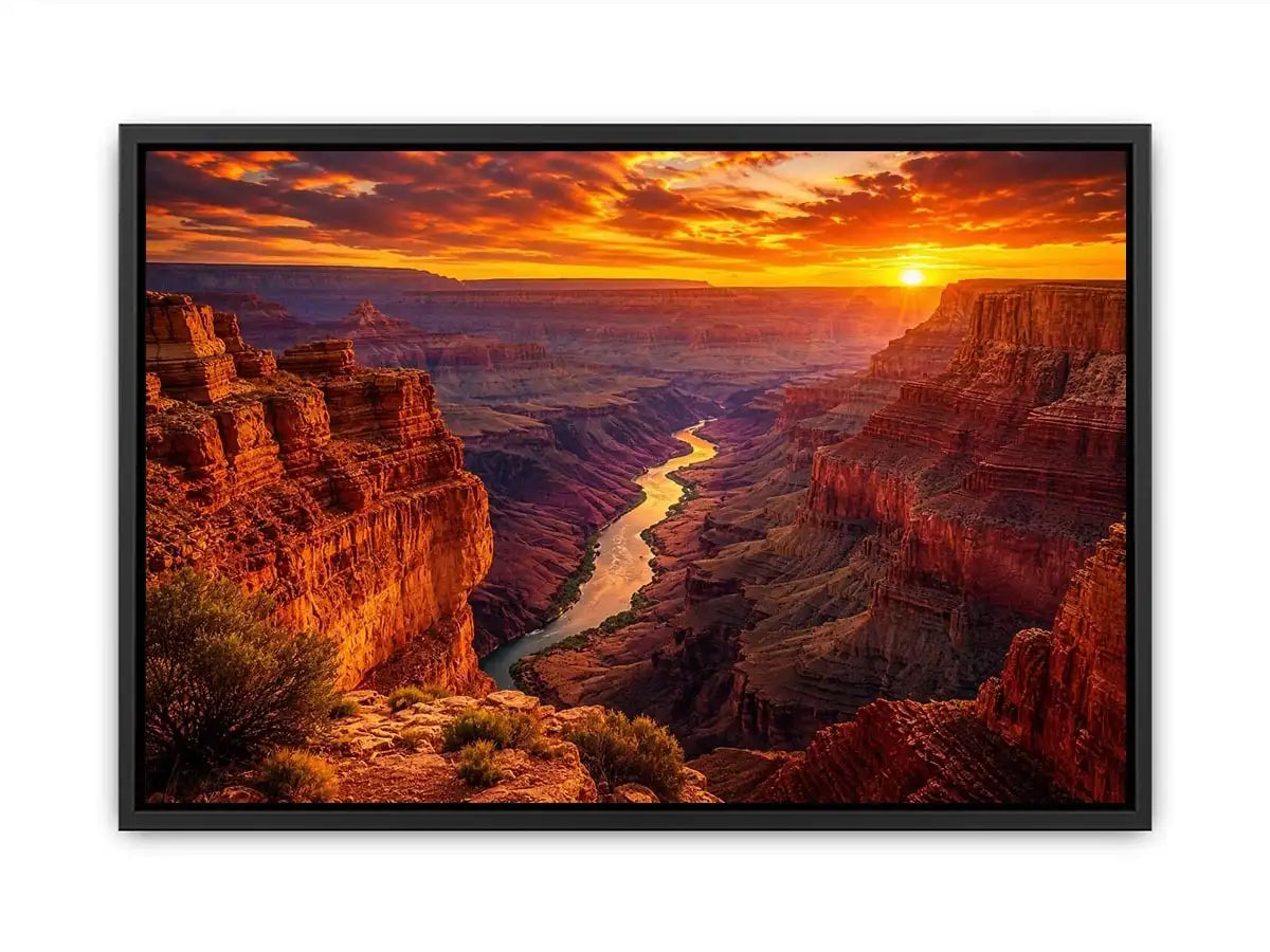 Grand canyon sunset wall art with glowing river landscape for warm modern living room decor.