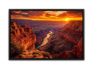 Grand canyon sunset wall art with glowing river landscape for warm modern living room decor.
