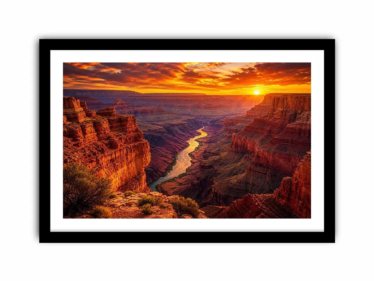 Grand canyon sunset wall art with glowing river landscape for warm modern living room decor.