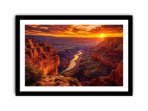 Grand canyon sunset wall art with glowing river landscape for warm modern living room decor.