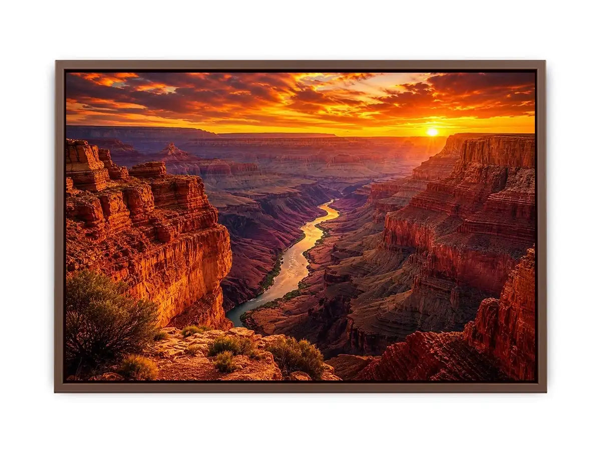 Grand canyon sunset wall art with glowing river landscape for warm modern living room decor.