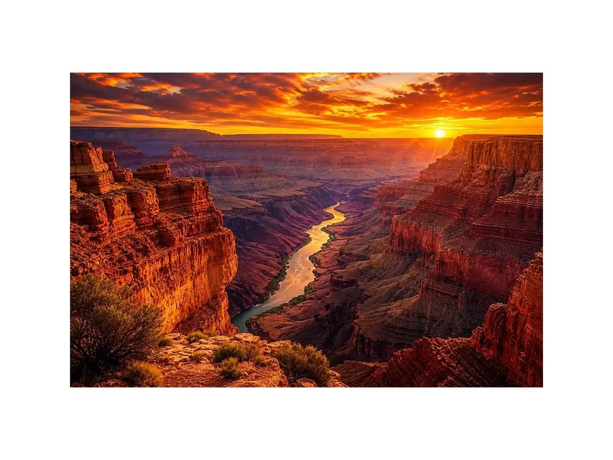 Grand canyon sunset wall art with glowing river landscape for warm modern living room decor.