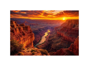 Grand canyon sunset wall art with glowing river landscape for warm modern living room decor.