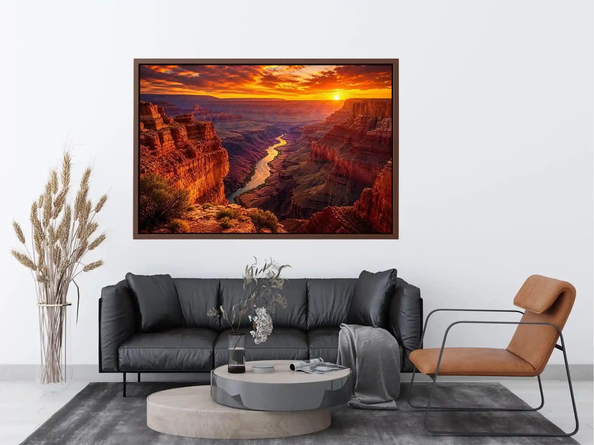 Grand canyon sunset wall art with glowing river landscape for warm modern living room decor.
